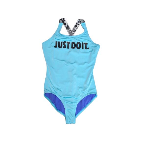 Nike Just Do It One Piece Swimsuit Cross Back Blue Girls Youth Large Swimwear - Picture 1 of 6